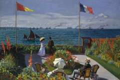 When Camille was pregnant with Jean, Monet, who was penniless, left her in Paris and returned to Le Havre to stay with his aunt. He then immersed himself frantically in his work. His relations with his family (especially his father) at that time seem to have improved perceptibly. The way Monet represents his father on this terrace suggests that the two men were on good terms: he is seated in the foreground beside the woman who would finance the early years of the painters career to a large extent, his aunt, Marie-Jeanne Lecadre. They are both looking at two other people, Monets cousin Jeanne-Marguerite Lecadre and a man whose identity remains unknown. The flowers spreading out from this terrace combine with the sea, boats and sky, heralding the major works of Impressionism.