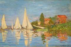 Monet's boat-studio allowed him to add to the views of the Seine around Argenteuil, which were entirely executed en plein air. The painter described the studio quite simply as 'a barge with a cabin where I had just enough space to set up my easel'. He was thus able to paint this canvas which features in warm tones the small houses in front of the boat-builder's yard at Petit-Gennevilliers. This double image, of real life and its reflection, shows a regular, concise system of brushstrokes. The background motifs, the road bridge and the house with dormer window, are superficially sketched. Monet came closer than ever to the traditional marine format with this canvas and other views of the Seine at Argenteuil.