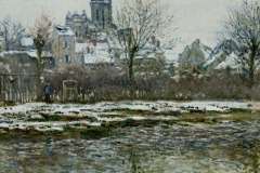 Monet left Paris in the summer of 1879 to take a trip to the country. 'I set up my tent on the banks of the Seine at Vétheuil in a delightful setting.' So he was on the borders of Île-de-France, in a region he had discovered some years earlier when he stayed in Bennecourt. The artist was captivated by this spectacular panorama over the river, dotted with islands and forming a loop encircled by white cliffs on the right bank. This view, taken from the opposite bank of the Seine, implies once again that he used the boat-studio. This painting from Monet's first winter in Vétheuil reveals a sense of sadness that was absent from the artist's first snowy landscapes and may have been due to worries about his family and finances.