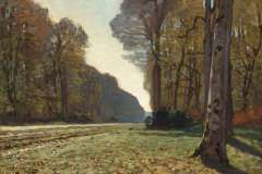 In 1863 Monet left Gleyres studio with his friend Bazille and embarked on a pilgrimage to the favourite location of previous landscape artists of the Barbizon school  the Forest of Fontainebleau. There, he was able to rediscover the whole range of familiar themes that had been celebrated for several decades, including the Pavé de Chailly, a vast avenue of almost architectural proportions which acted as a gateway to the forest. He thus had the opportunity to work harder than ever at painting en plein air. According to his friend, Monet was at that point pretty good at landscapes, thanks to a well-established practice of painting from nature which he began in his native Normandy under his first master, Boudin. This painting, which still shows the influences of the Barbizon landscape artists and the realism of Courbet, was accepted by the Salon in 1866.