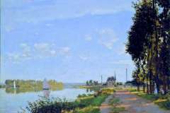 After he had returned from the municipal exhibition in Rouen, and until the end of 1872, the most important part of Monet's artistic output took place in Argenteuil. Most of his work was done on the right bank of the Seine, the Argenteuil side, painted facing the setting sun beyond the trees of the promenade. The road and rail bridges, the Seine, the sky of Ile-de-France, and the promenade's trees would become the key subjects in Monet's work in Argenteuil, forming the most distinctive motifs of this highpoint of Impressionist painting. Here, the painter focuses his attention on the physical features, especially the promenade and the river, but typically at the same time he suggests a human presence through small details.