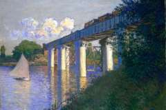 Two constructions span the Seine at Argenteuil: a toll road bridge and, 500 metres upstream, a railway bridge. Both of them were destroyed in 1870, but their rapid reconstruction allowed Monet to make it a subject for his paintings. So he painted each of them: the railway bridge is sometimes barely perceptible between the arches of the road bridge, and sometimes, as is the case here, is treated in its own right, highlighting the monumental nature of industrial architecture. It was during this period that the Impressionist painters' group was formed officially in the first Impressionist exhibition, which opened in Nadar's studio on 15 April 1874. The painters were then in frequent contact with each other. Most notably, Manet and Renoir came to Argenteuil to paint with Monet.