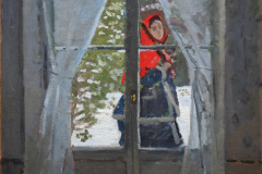 After settling in Argenteuil, Monet set out to paint the surrounding countryside, but occasionally retreated to his home where he found familiar subjects. This portrait, which is apparently of Camille wearing a red cape, is a case in point. The artist finds perfect harmony in his view of the subject, the spontaneous expression of the female figure, and the simplicity of effects applied. This highly original painting allowed him to prove his talent for playing with the light and transparency of the glass panes and curtains. He went for a composition that was subtly decentred, disrupting the models solemnity. In its portrayal of the contemporary middle classes, this female portrait is in the tradition of Femmes aux jardins. For a long time, Monet held on to this painting of his wife: he kept the canvas until 1920.