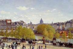 On 27 April 1867 Monet approached the Louvre superintendant for permission to execute some views from the rooms in the museum. Once this was granted a few days later, he was able to begin three bird’s eye views looking towards the church of Saint-Germain-l’Auxerrois and the Seine. These dense, busy canvases reveal the painter’s particular liking for vividly portraying the play of light and shadow. The meticulous architectural representation was a way of conveying urban life, a theme that soon became part of the Impressionist world. The schematic silhouettes of figures, horses and cars seem to move or stand still at the dictate of the painter’s brush.