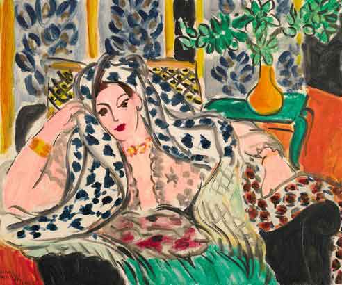 Matisse'in Siyah Koltukta Odalık tablosu: desenli bir odada siyah koltukta oturan genç kadın