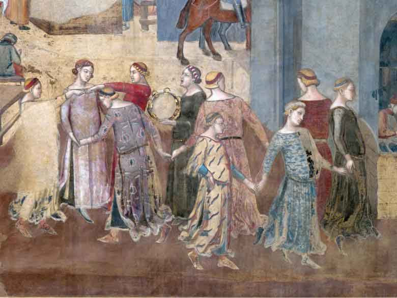 Ambrogio Lorenzetti'nin Siena'daki freskinden el ele dans eden kadınlar