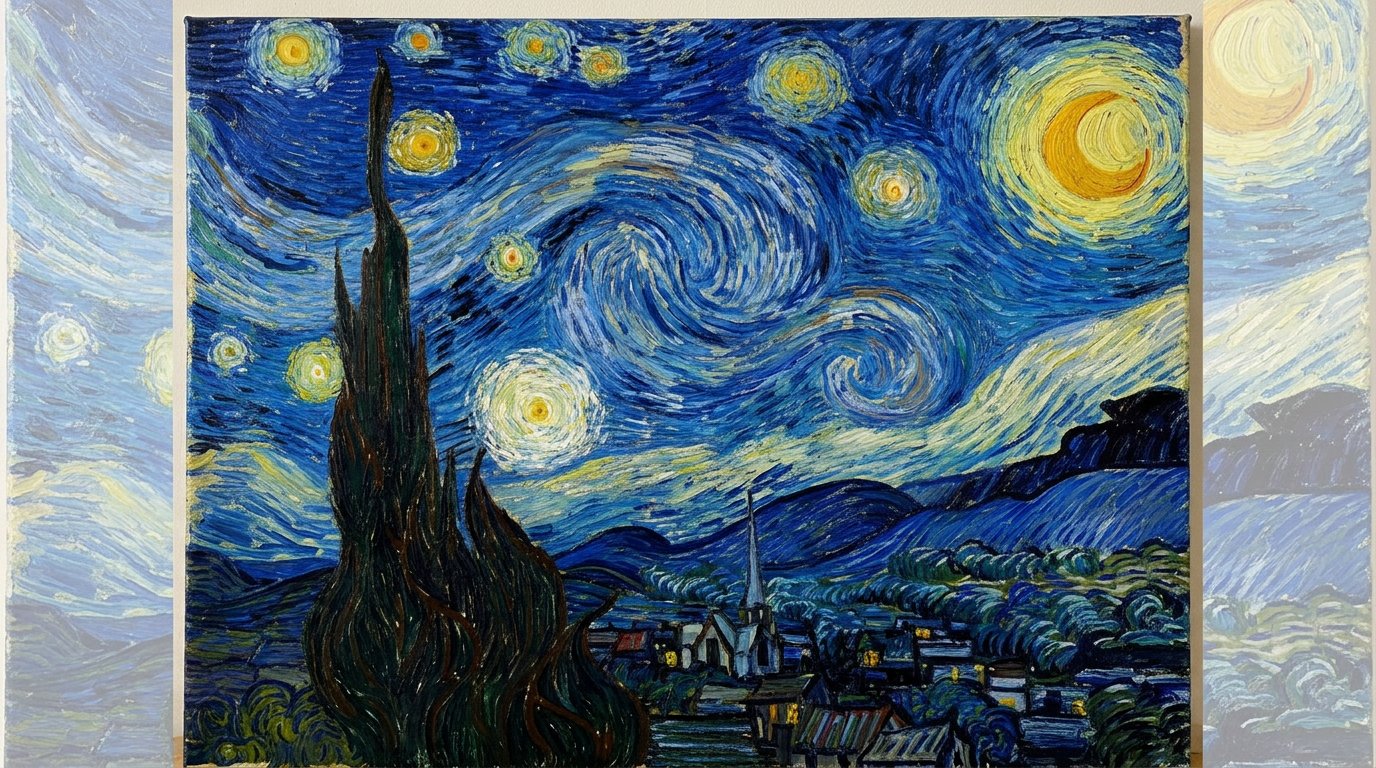 Van Goghun Yıldızlı Gece tablosu - mavi gökyüzü selvi ve köy