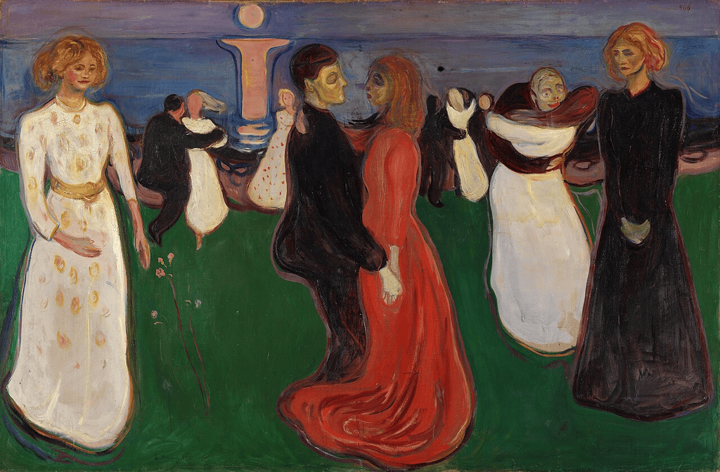 Edvard Munch'un Yaşam Dansı tablosu: deniz kıyısında dans eden çiftler, beyaz, kırmızı ve siyah elbiseli kadınlar