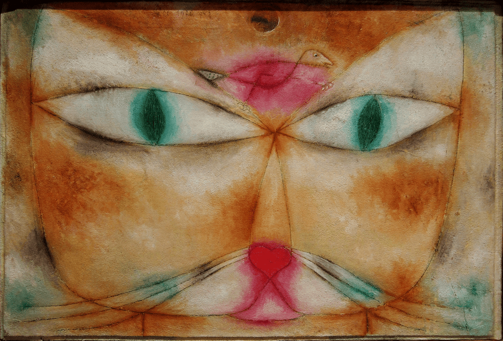 Paul Klee'nin Kedi ve Kuş tablosu: alnında küçük bir kuş bulunan büyük kedi yüzü