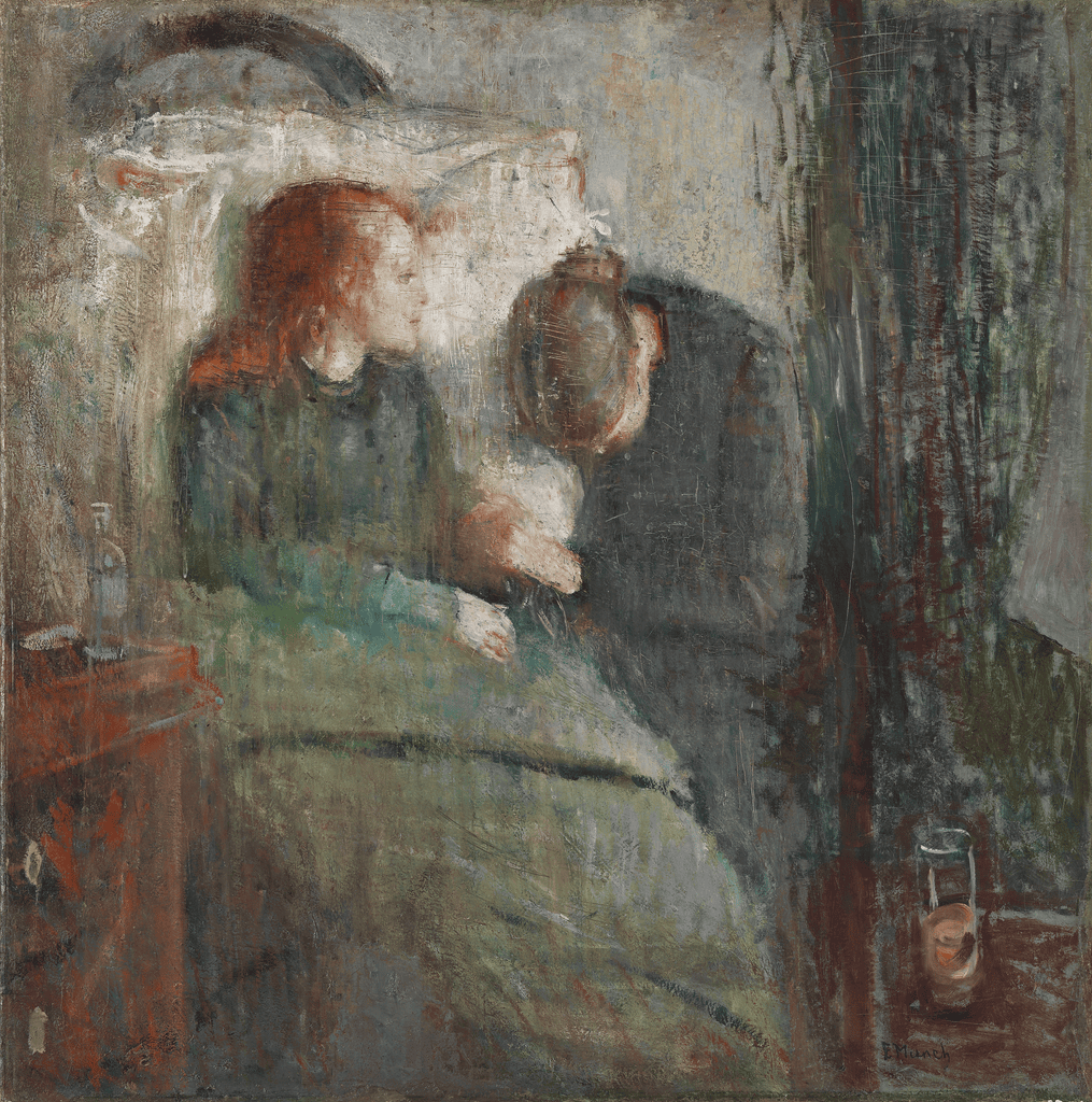 Edvard Munch'un Hasta Çocuk tablosu: yatakta oturan solgun kız ve başını önüne eğmiş kadın