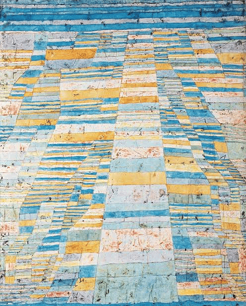Paul Klee'nin Ana Yol ve Yan Yollar tablosu: dikey renk şeritlerinden oluşan tarla manzarası