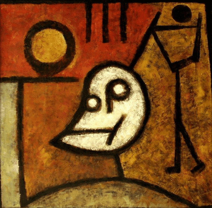 Paul Klee'nin Ölüm ve Ateş tablosu: kırmızı zeminde TOD harflerinden oluşan beyaz yüz