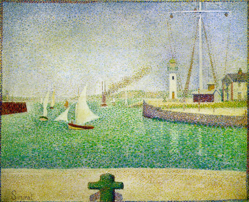 Seurat'nın Modeller tablosu: atölyede üç çıplak model, arkada duvarda Grande Jatte tablosu