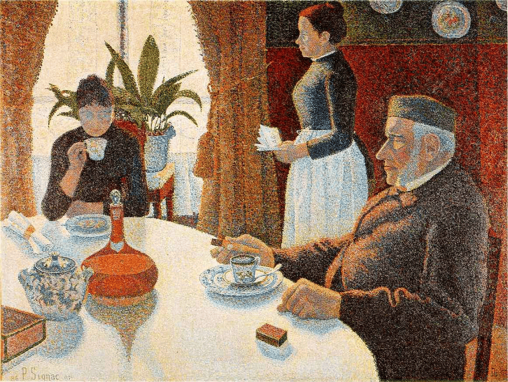 Signac'ın Kahvaltı tablosu: sofrada gazete okuyan bir adam, bir kadın ve ayakta bir hizmetçi