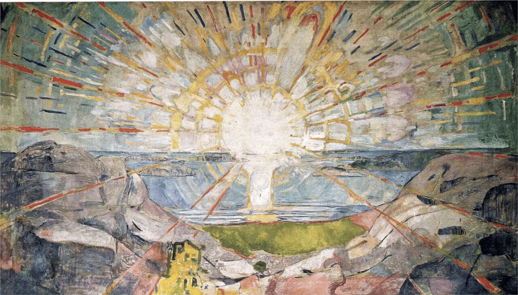 Edvard Munch'un Güneş duvar resmi: kayalık kıyının üzerinde ışınları her yöne yayılan güneş