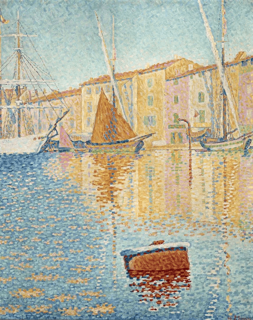 Signac'ın Kırmızı Şamandıra tablosu: Saint-Tropez limanında suda kırmızı bir şamandıra ve renkli evlerin yansımaları