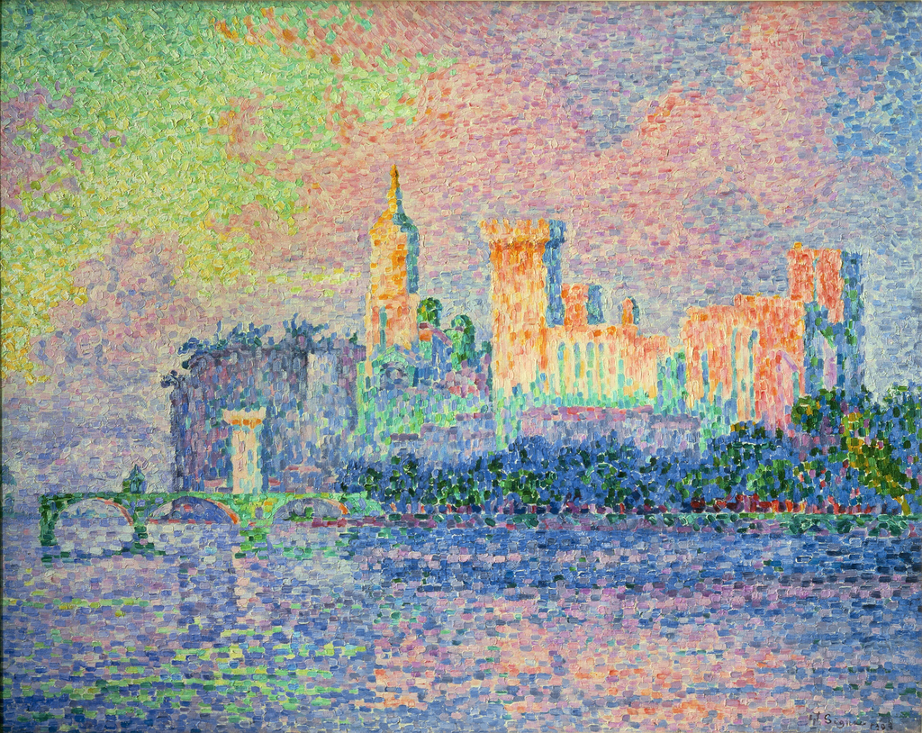 Signac'ın Avignon Papalık Sarayı tablosu: Rhône kıyısından pembe ve mor akşam ışığında saray