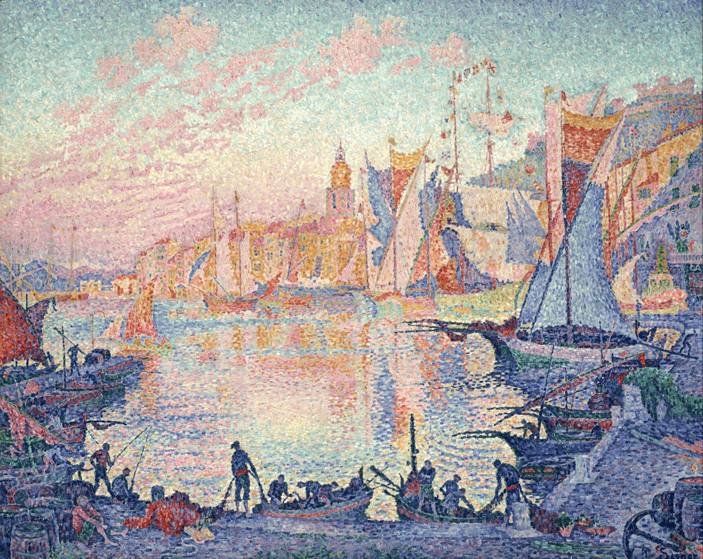 Signac'ın Saint-Tropez Limanı tablosu: günbatımında limandaki tekneler ve kıyıdaki evler