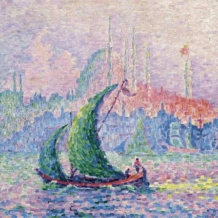 Signac'ın Haliç tablosu: kayıklar ve arkada camileriyle İstanbul silüeti
