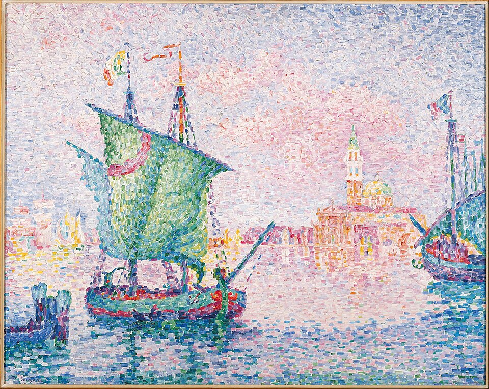 Signac'ın Venedik, Pembe Bulut tablosu: lagünde renkli yelkenli tekneler ve arkada San Giorgio Maggiore Kilisesi