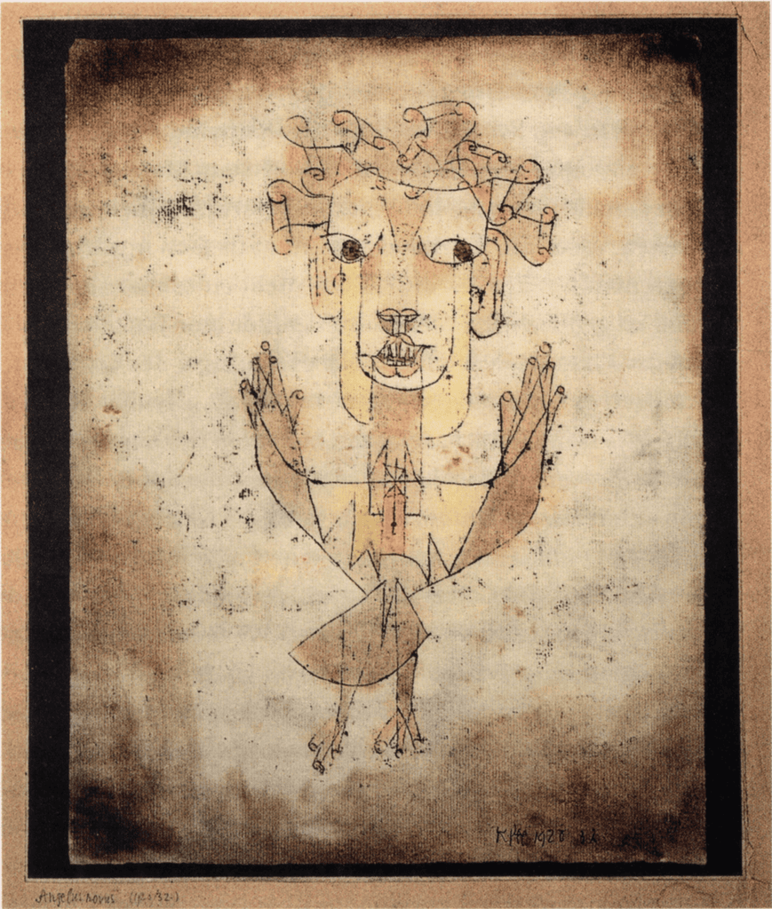 Paul Klee'nin Angelus Novus çizimi: kanatlarını açmış, gözleri iri açılmış küçük bir melek