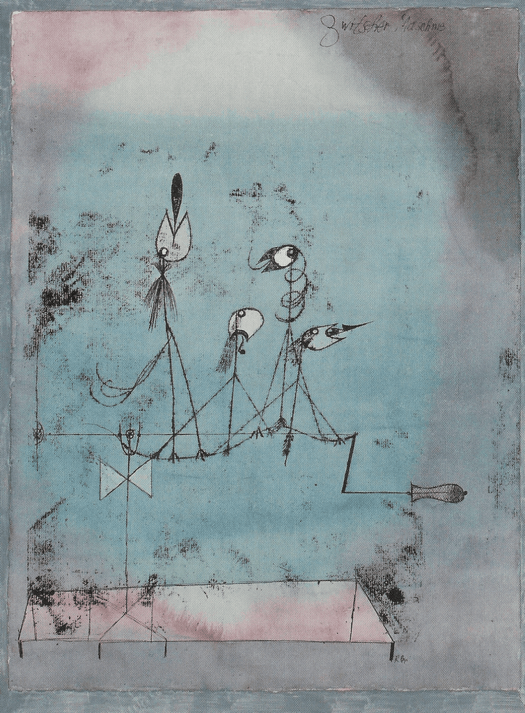 Paul Klee'nin Cıvıldayan Makine eseri: bir tel üzerinde dört kuş ve altında krank kolu