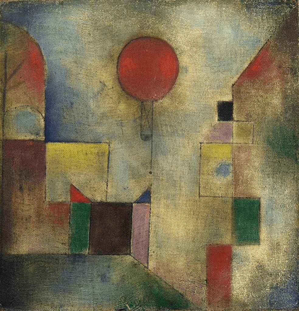 Paul Klee'nin Kırmızı Balon tablosu: geometrik bir kent manzarasının üzerinde kırmızı balon