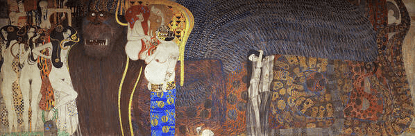 Klimt'in Beethoven Frizi'nden bir bölüm: altın süslemeli uzun duvar resmi