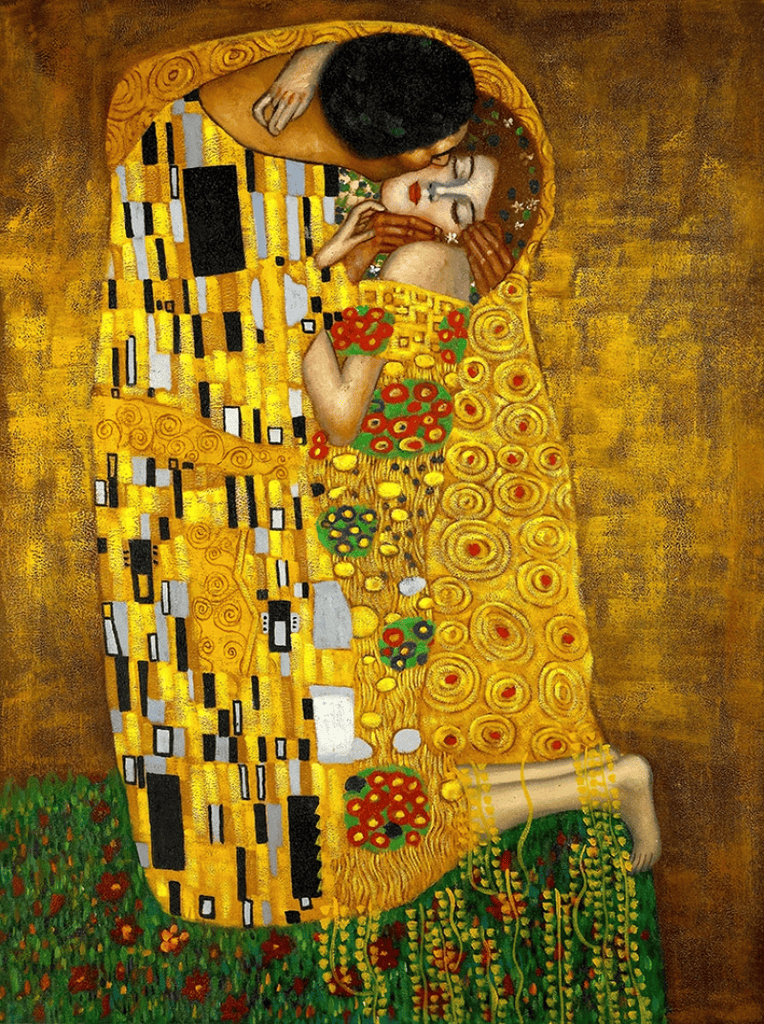 Klimt'in Öpücük tablosu: çiçekli çayırda altın örtüye sarılmış çift