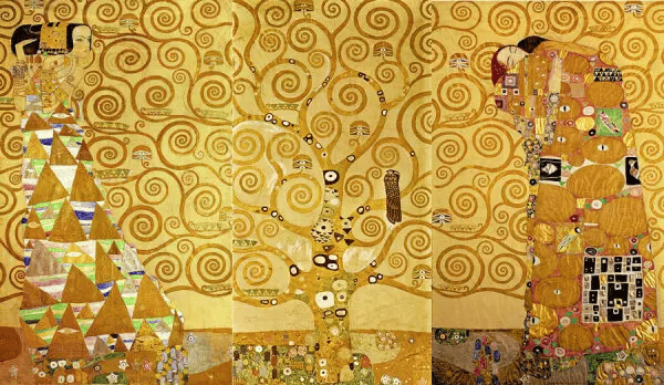 Klimt'in Yaşam Ağacı tasarımı: spiral dallar ve tepede kara bir kuş