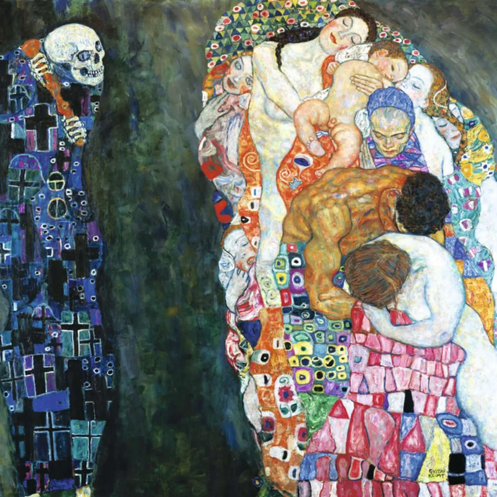 Klimt'in Ölüm ve Yaşam tablosu: solda iskelet, sağda iç içe geçmiş insanlar
