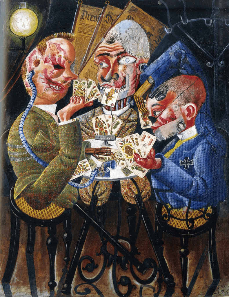 Otto Dix'in Skat Oyuncuları tablosu: protezli üç savaş gazisi kafede iskambil oynuyor