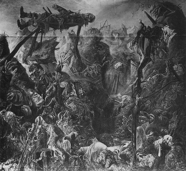 Otto Dix'in kayıp Siper tablosunun siyah-beyaz fotoğrafı: siperde parçalanmış asker bedenleri