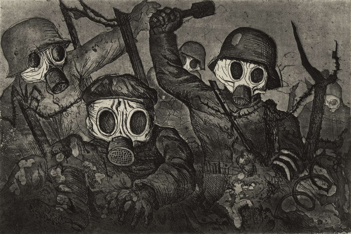 Otto Dix'in Der Krieg serisinden bir gravür: gaz maskeli askerler ilerliyor