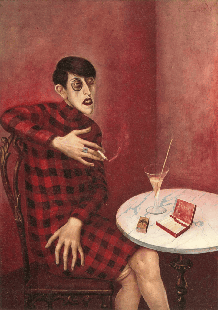 Otto Dix'in Sylvia von Harden portresi: monoklü, kısa saçlı kadın kafe masasında oturuyor