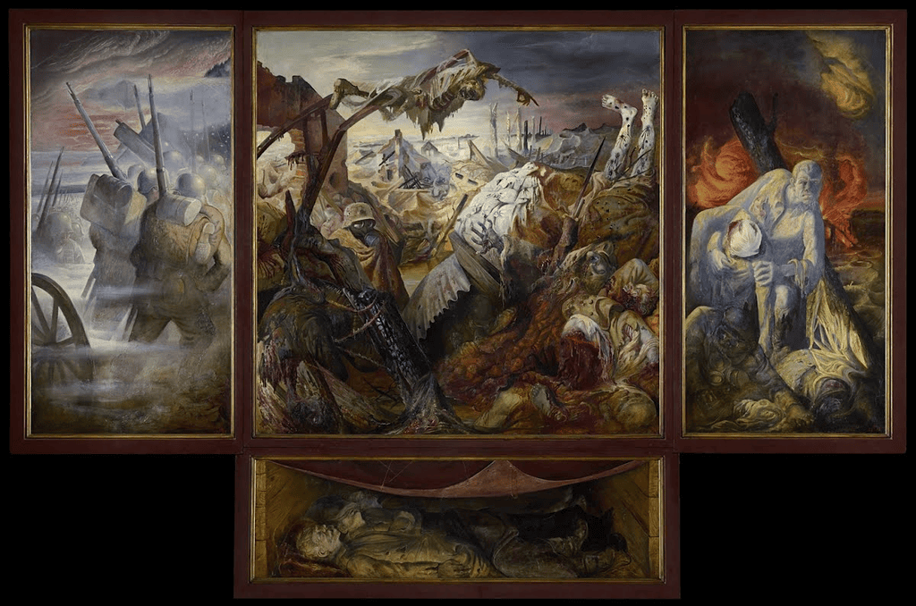 Otto Dix'in Der Krieg triptiği: cepheye yürüyen askerler, yıkılmış siper ve yaralı taşıyan asker