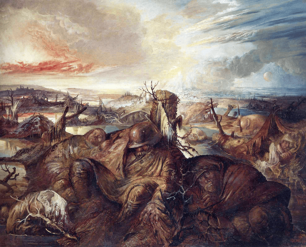 Otto Dix'in Flandre tablosu: çamurlu bir çukurun kenarında birbirine yaslanmış askerler