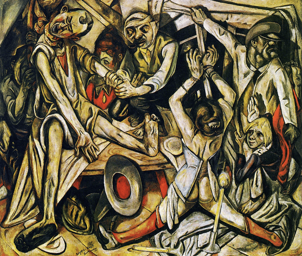 Max Beckmann'ın Gece tablosu: dar bir tavan arasında bir aileye işkence eden figürler