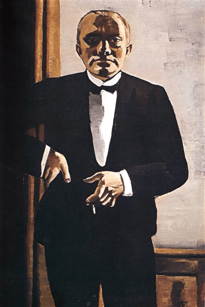 Max Beckmann'ın Smokinli Otoportre tablosu: siyah smokinli, elinde sigara tutan ressam
