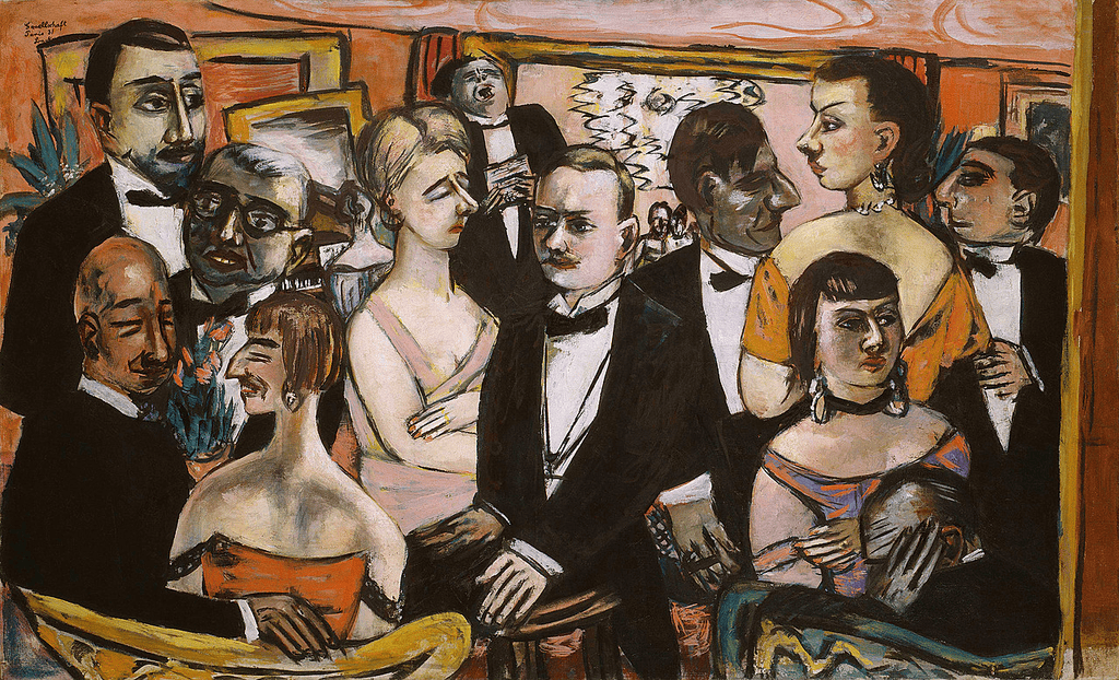 Max Beckmann'ın Paris Toplumu tablosu: resepsiyonda frak ve tuvaletli kalabalık