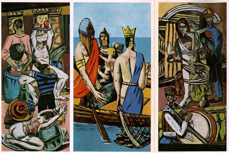 Max Beckmann'ın Kalkış triptiği: yan panolarda işkence sahneleri, ortada denizde bir tekne