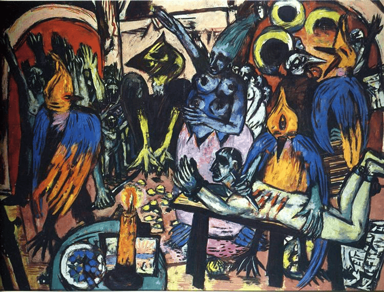Max Beckmann'ın Kuş Cehennemi tablosu: dev kuşlar yerde yatan bir adamı parçalıyor