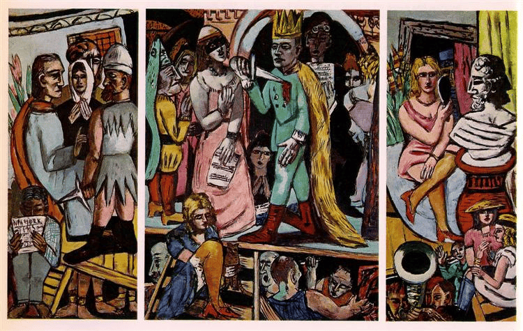 Max Beckmann'ın Oyuncular triptiği: tiyatro sahnesinde kral kılığında bir oyuncu