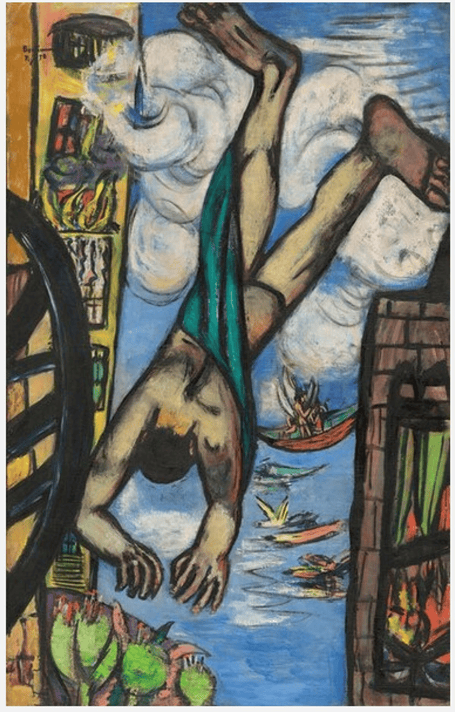 Max Beckmann'ın Düşen Adam tablosu: yanan binalar arasında baş aşağı düşen bir adam