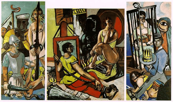 Max Beckmann'ın Argonautlar triptiği: ortada iki genç kahraman ve denizden yükselen yaşlı bilge