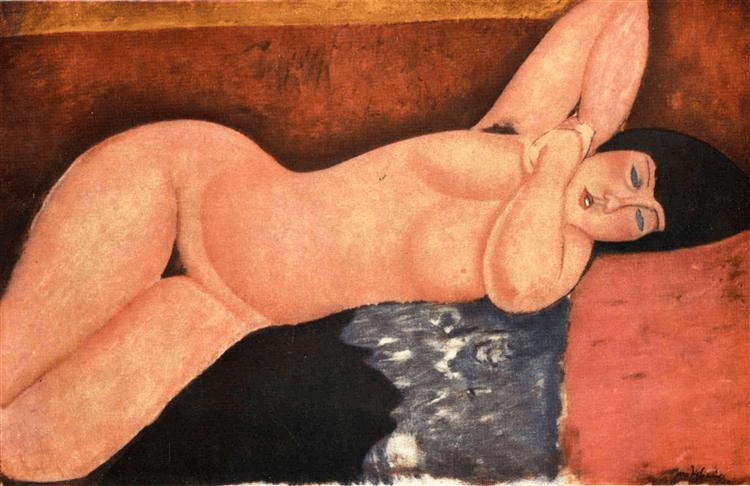 Modigliani'nin Yatan Çıplak tablosu: kırmızı bir yatakta uzanmış kadın