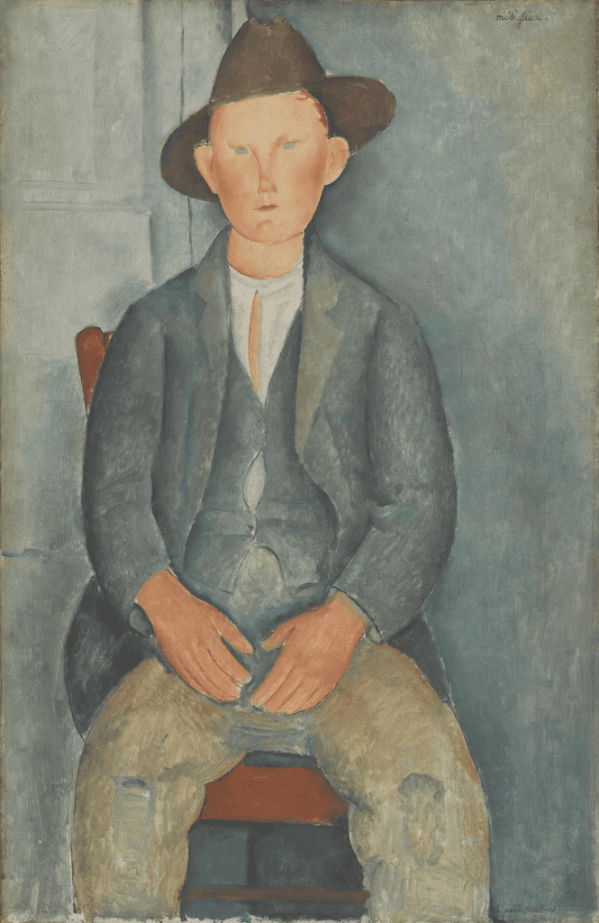 Modigliani'nin Küçük Köylü tablosu: elinde şapkasıyla oturan mavi kıyafetli genç