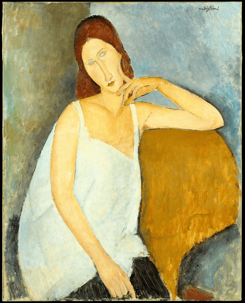 Modigliani'nin Jeanne Hébuterne portresi: başı hafifçe eğik, uzun boyunlu genç kadın