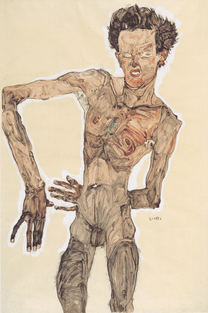 Egon Schiele'nin yüzünü buruşturan çıplak otoportresi: boş zeminde sıska bir beden