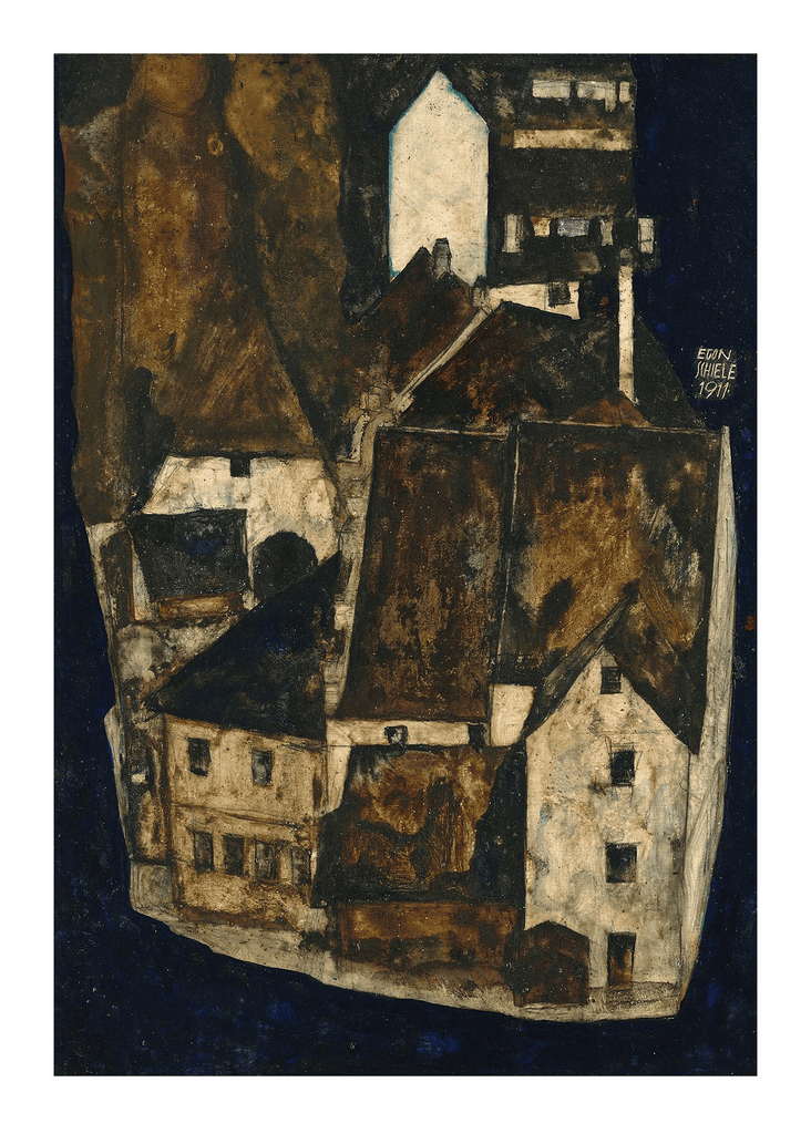Egon Schiele'nin Ölü Şehir III tablosu: nehir kıvrımına sıkışmış Krumau evleri